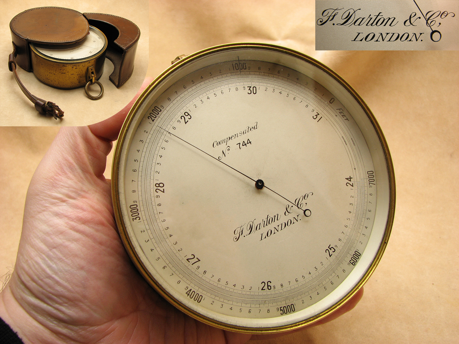 Late Victorian brass cased barometer & altimeter signed 'F. Darton & Co, London' with leather case